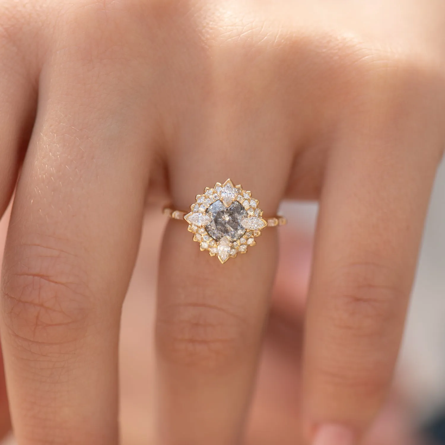 Golden Lotus Engagement ring with Grey and White Diamonds