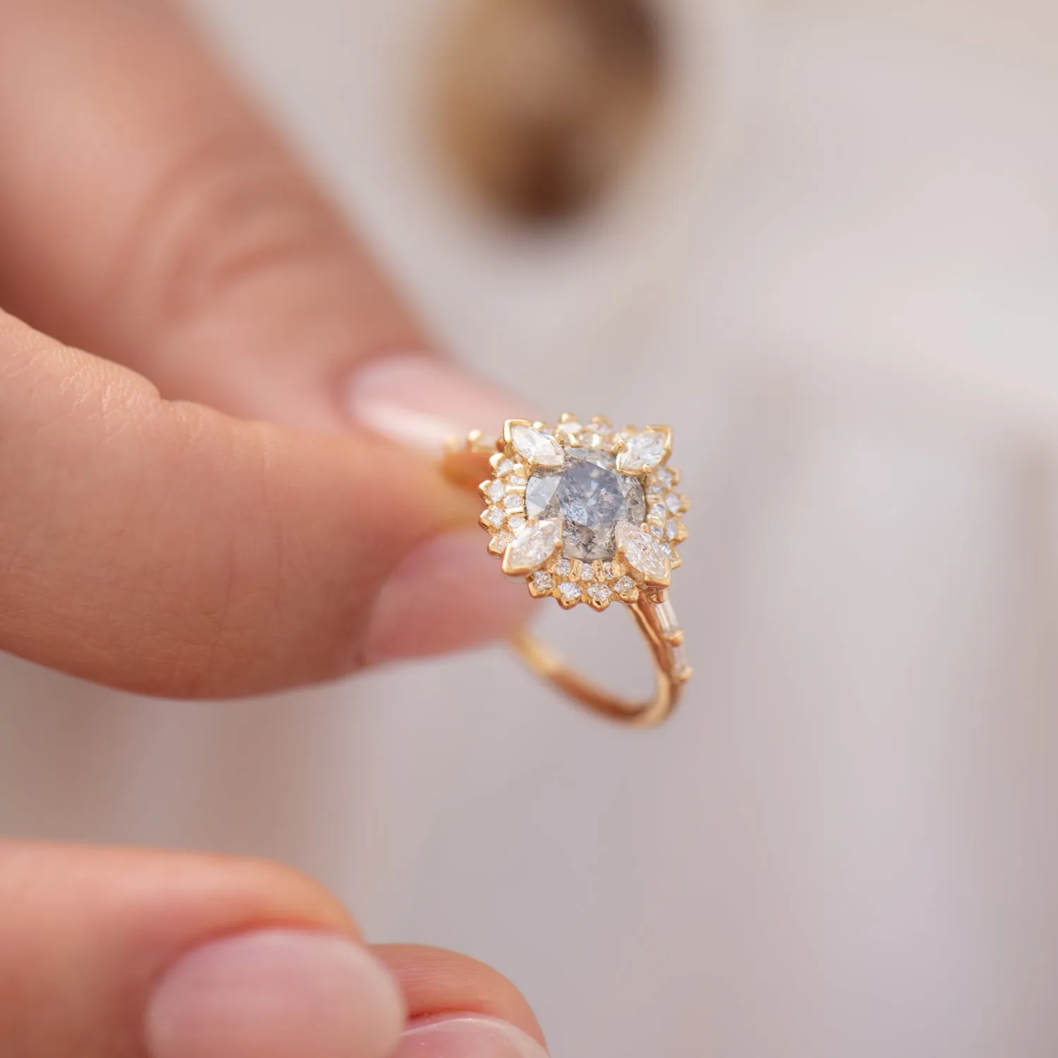 Golden Lotus Engagement ring with Grey and White Diamonds