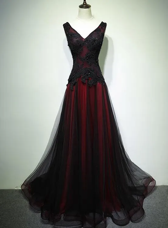 Gorgeous Black and Red V-neckline Tulle Beaded Prom Dress, Long Evening Gown