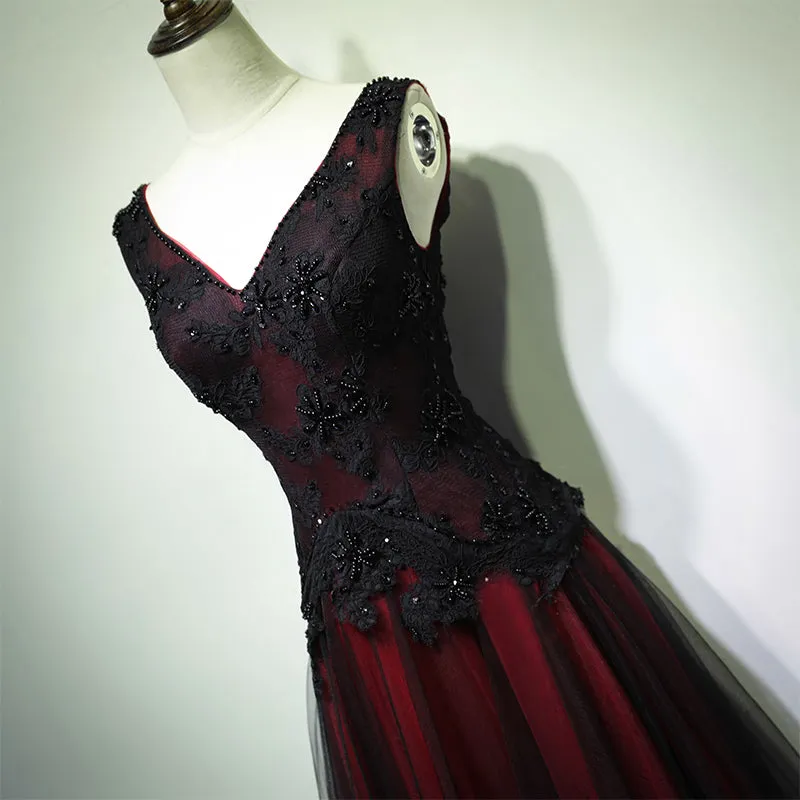 Gorgeous Black and Red V-neckline Tulle Beaded Prom Dress, Long Evening Gown