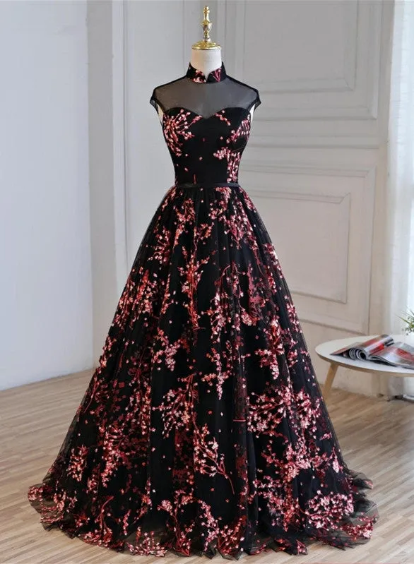 Gorgeous Black Tulle Long Formal Gown, Floral Evening Party Dress