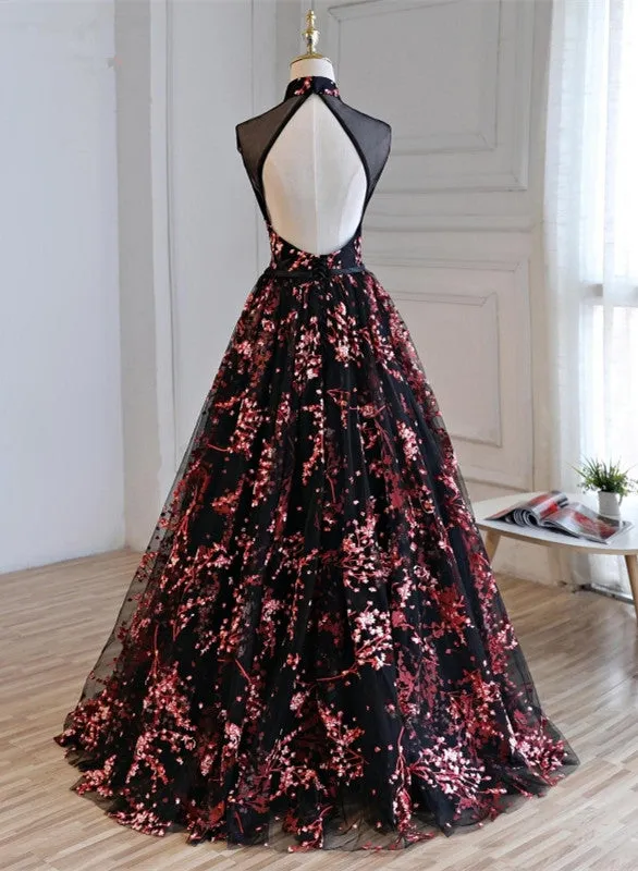 Gorgeous Black Tulle Long Formal Gown, Floral Evening Party Dress