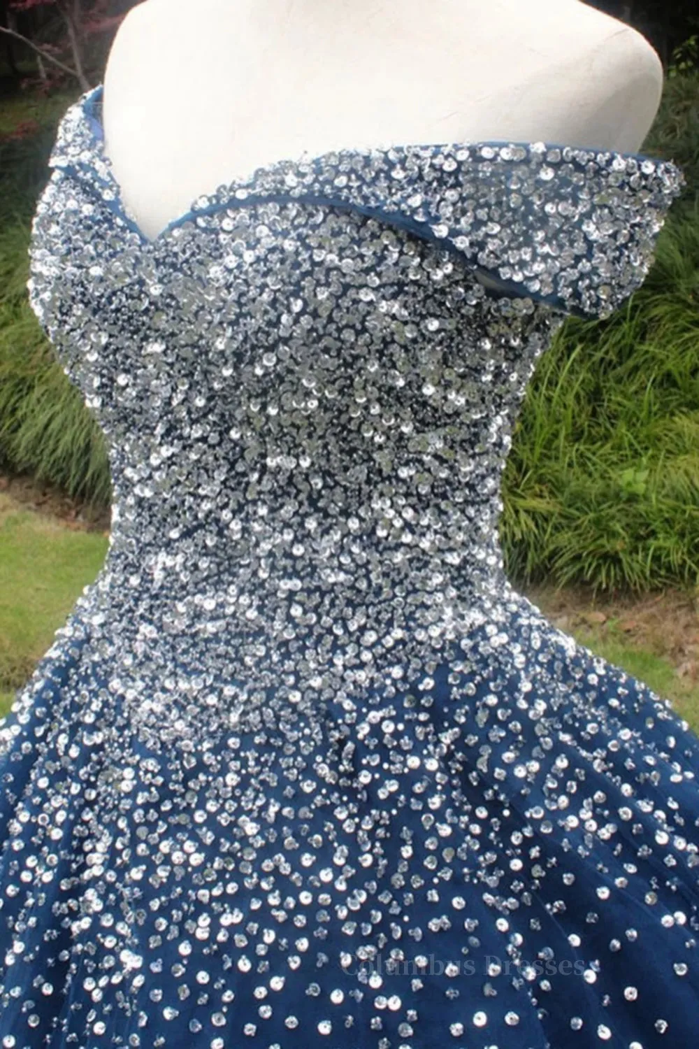 Gorgeous Off Shoulder Sequins Blue Long Prom Dress, Shiny Sequins Blue Formal Evening Dress, Blue Ball Gown