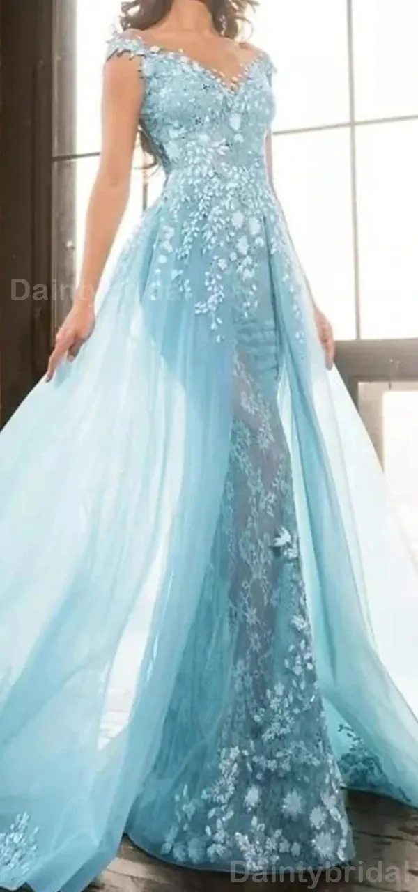 Gorgeous Off Shoulder V-neck Mermaid Tulle Long Evening Prom Dress Online, OL078