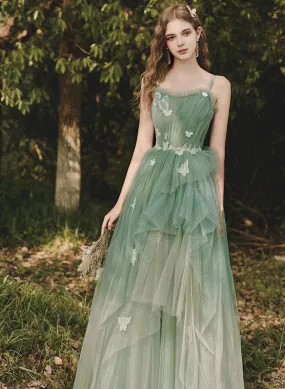 Green Lovely Tulle Straps Long Simple Prom Dress, Green Evening Dress