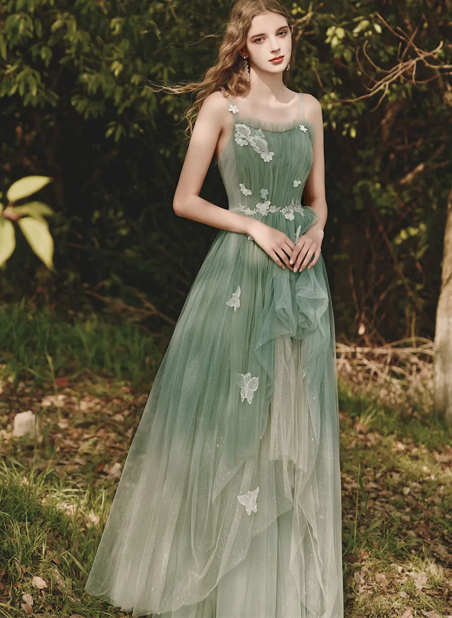 Green Lovely Tulle Straps Long Simple Prom Dress, Green Evening Dress