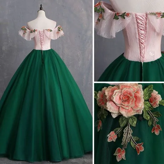 Green Puffy Tulle with Pink Floral Top Evening Dress Party Dress, Green Off Shoulder Prom Dress