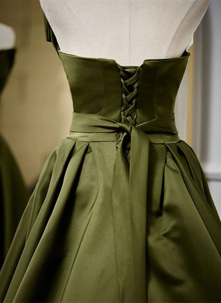 Green Satin V-neckline Lace-up Long Wedding Party Dress, Green Evening Dress