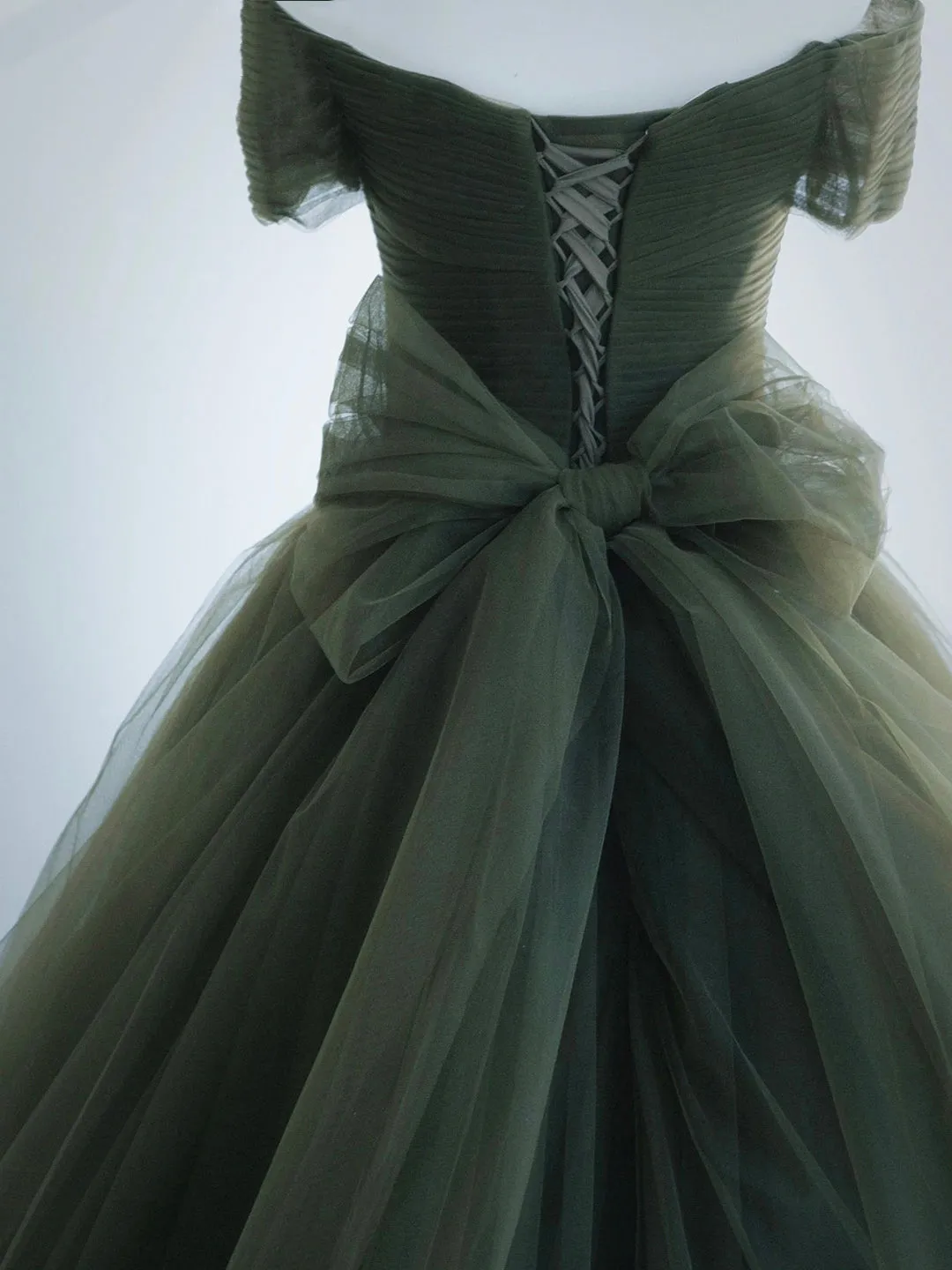 Green Tulle Long Prom Dress, A-Line Off Shoulder Evening Dress