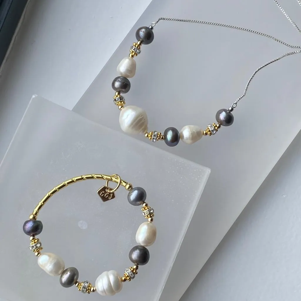 Grey White Pearls Diadem Necklace