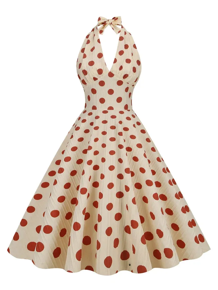 Halter Neck High Waist Polka Dot Vintage Style Vacation Dresses Sexy Backless Evening Party Women Birthday Dress