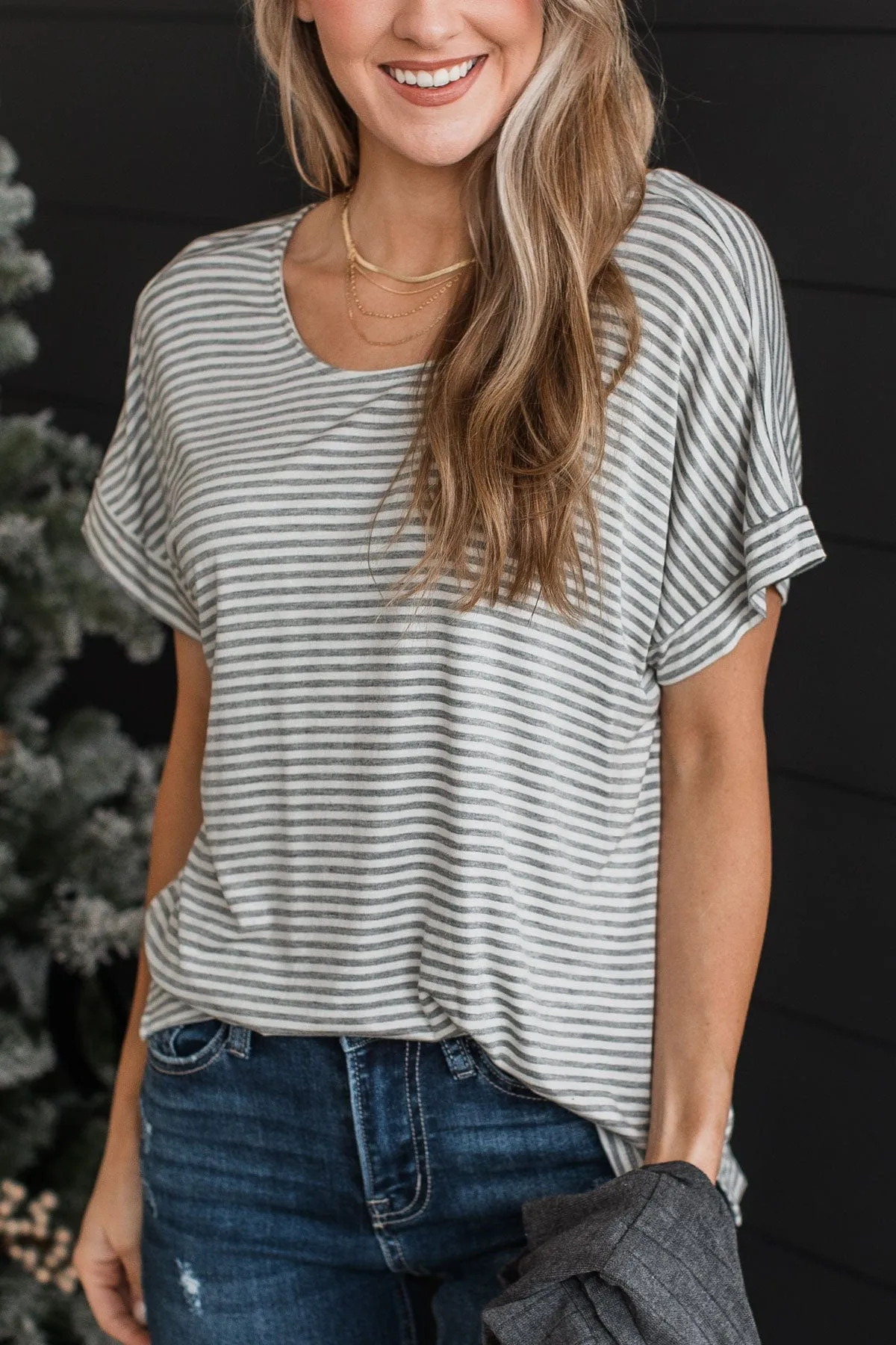 It's Who You Know Striped Top- Grey & White