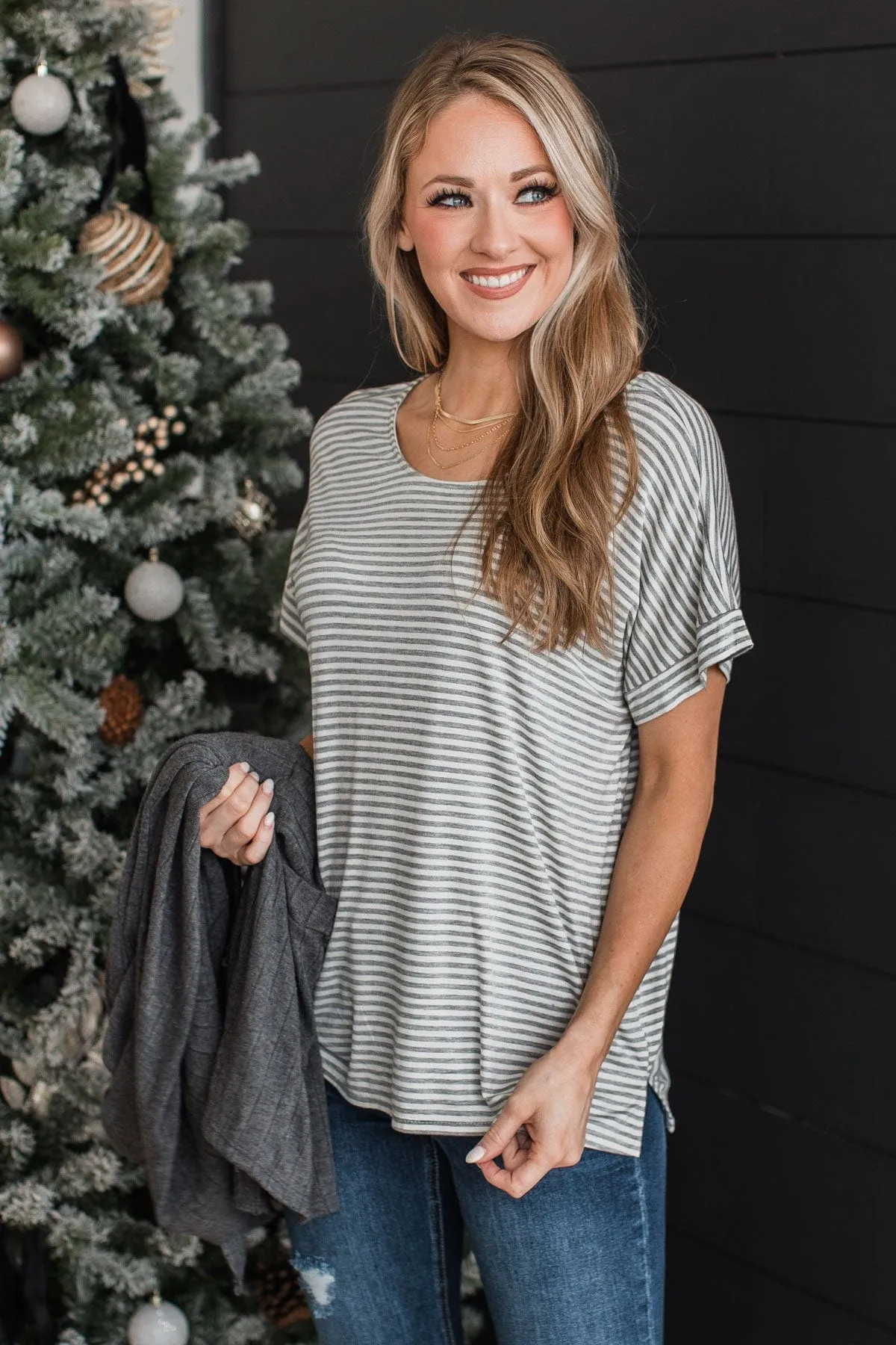 It's Who You Know Striped Top- Grey & White