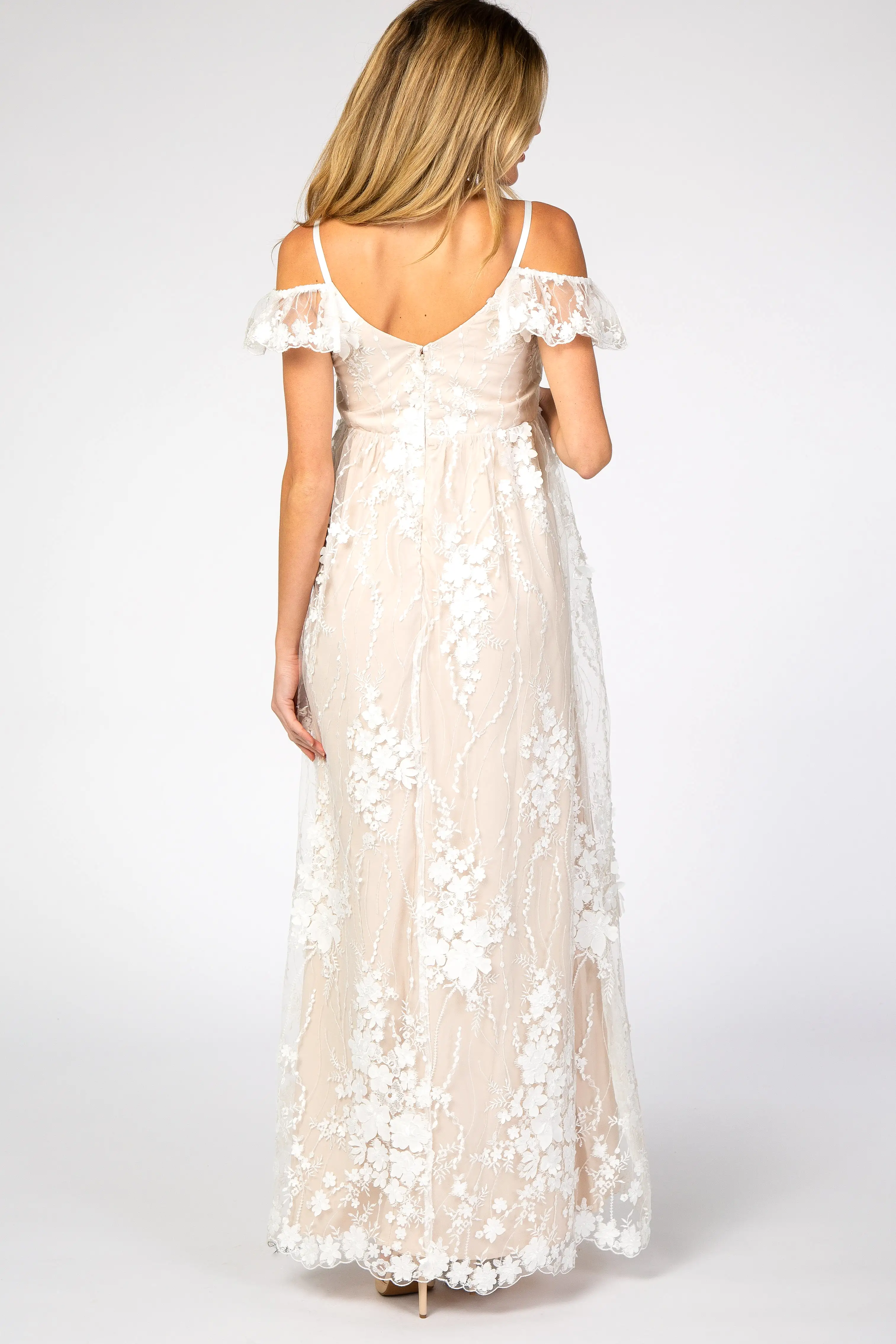 Ivory Floral Embroidered Mesh Maternity Evening Gown