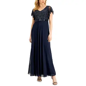 J Kara Womens Beaded Flutter Sleeve Evening Dress