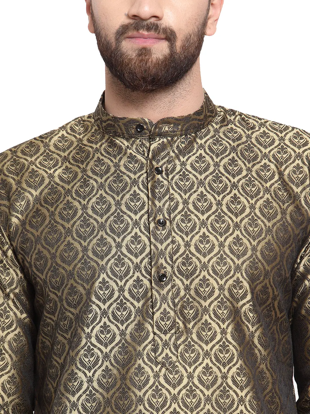 Jacquard Silk Men's Kurta Pyjama Evening Wear India Apparel (Golden)