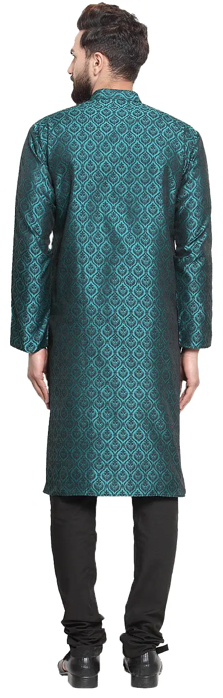 Jacquard Silk Men's Kurta Pyjama Evening Wear India Apparel (Turquoise)