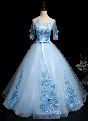 Light Blue Ball Gown with Sleeves Party Dress, Blue Sweet 16 Dress