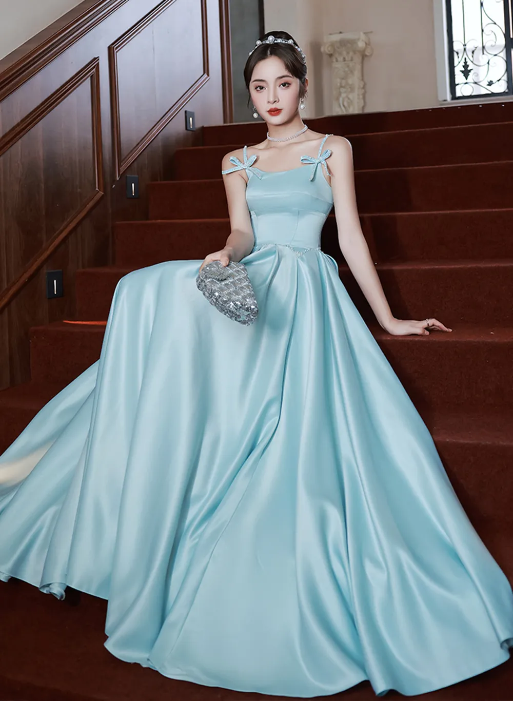 Light Blue Satin A-line Long Straps Beaded Formal Dress, Blue Long Evening Dress