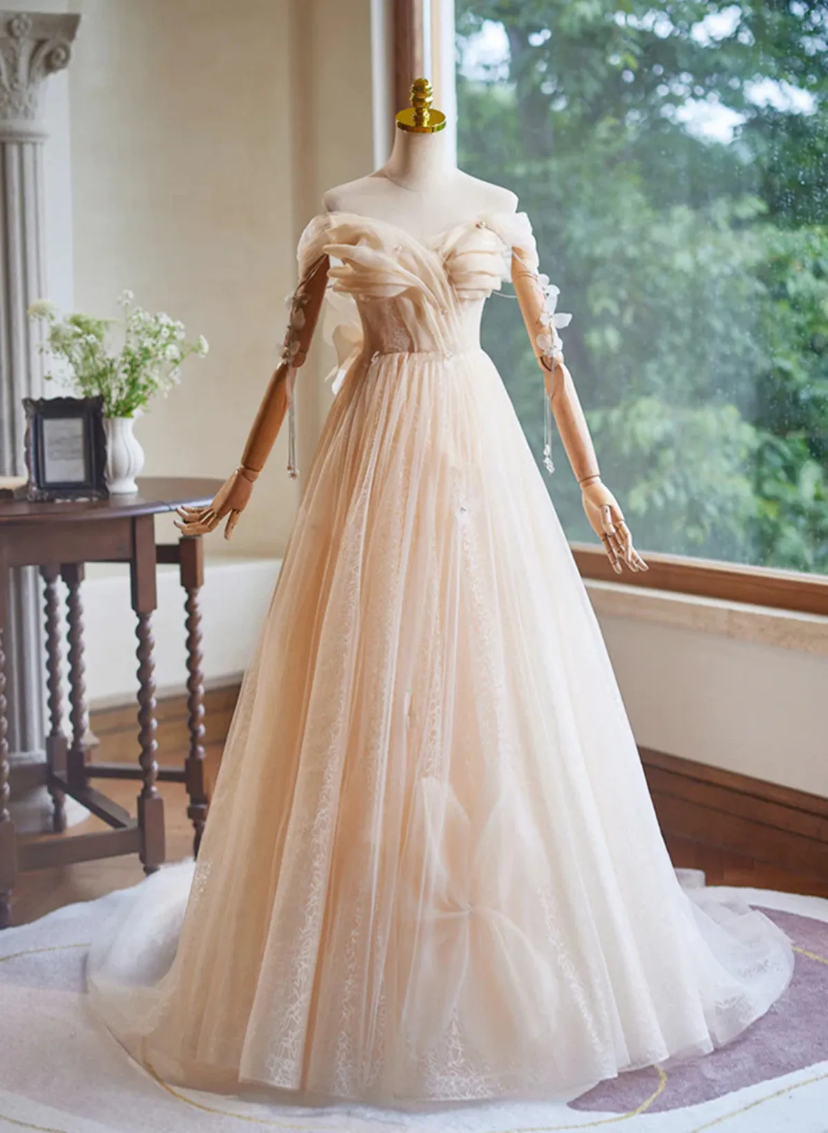 Light Champagne Tulle Long Evening Dress, A-line Off Shoulder Prom Dress