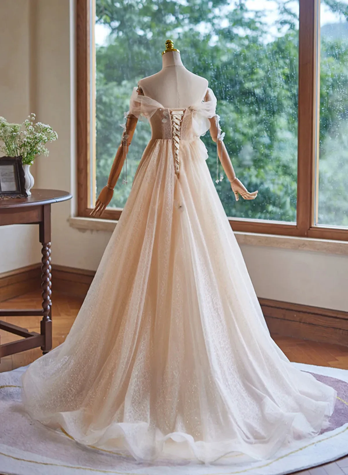 Light Champagne Tulle Long Evening Dress, A-line Off Shoulder Prom Dress