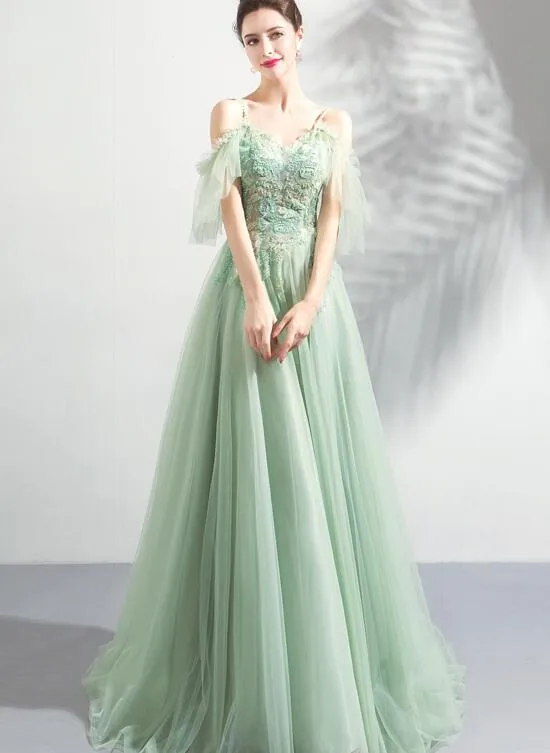 Light Green Lace Flowers V-neckline Straps Long Tulle Prom Dress, A-line Evening Dress Party Dress