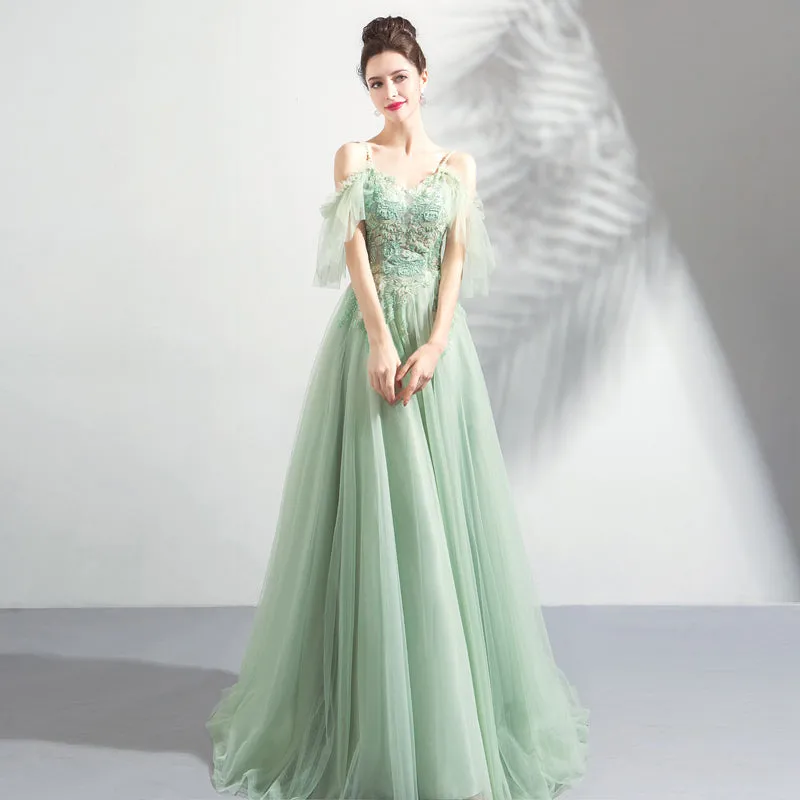 Light Green Lace Flowers V-neckline Straps Long Tulle Prom Dress, A-line Evening Dress Party Dress