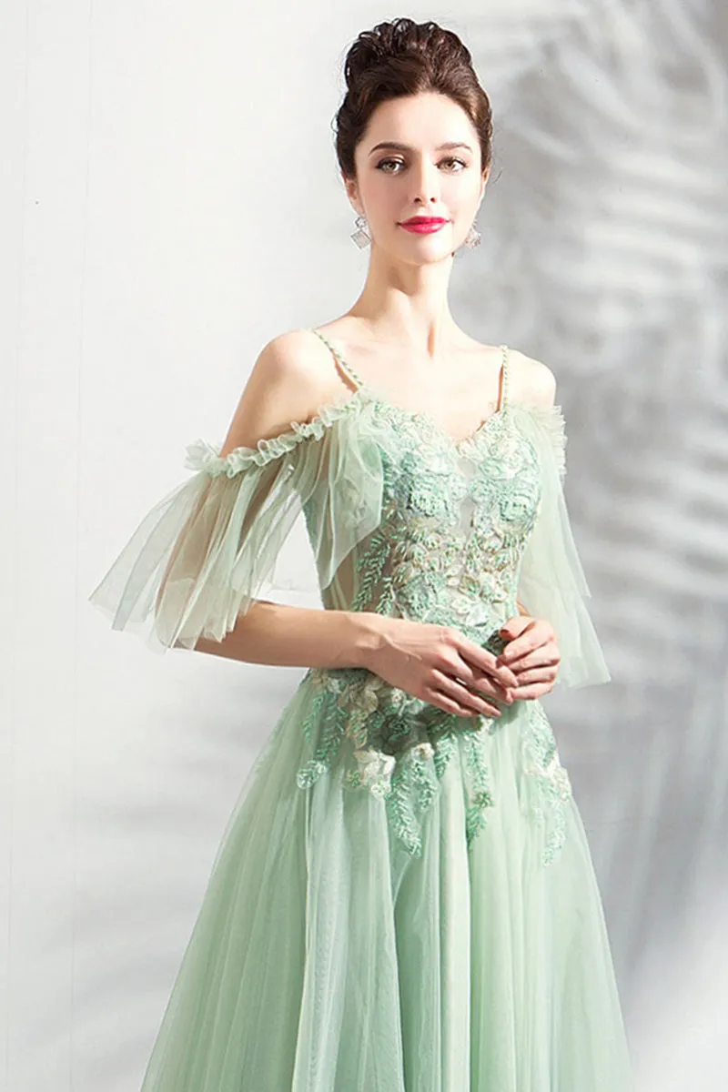 Light Green Lace Flowers V-neckline Straps Long Tulle Prom Dress, A-line Evening Dress Party Dress