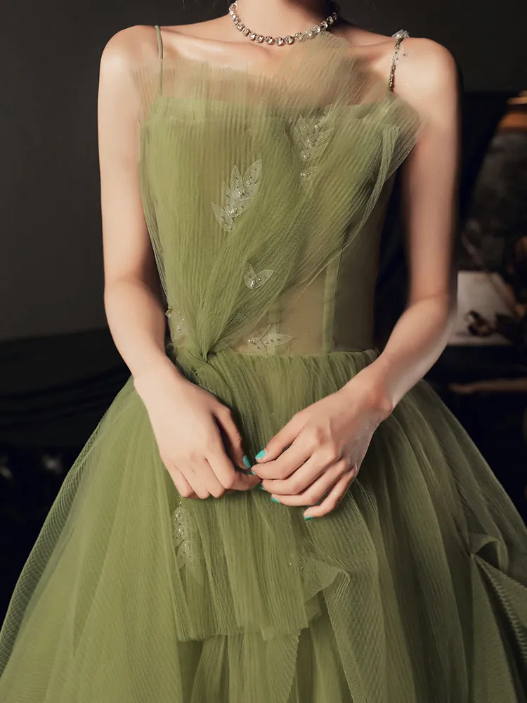 Light Green Tulle A-line Straps Formal Gown 2022, Green Evening Party Dresses