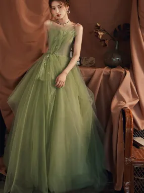 Light Green Tulle A-line Straps Formal Gown 2022, Green Evening Party Dresses