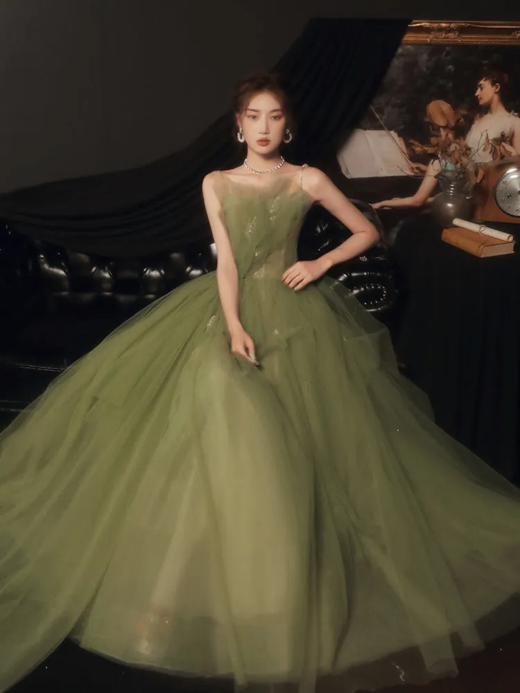 Light Green Tulle A-line Straps Formal Gown 2022, Green Evening Party Dresses