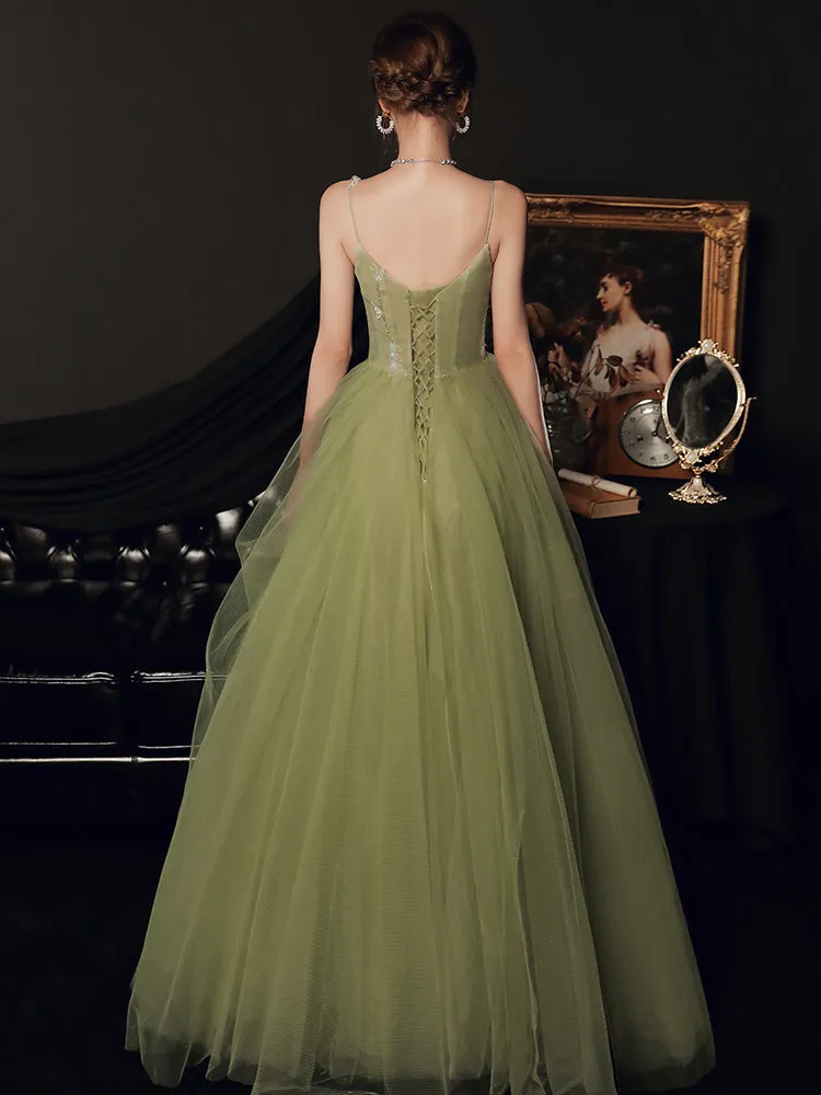 Light Green Tulle A-line Straps Formal Gown 2022, Green Evening Party Dresses