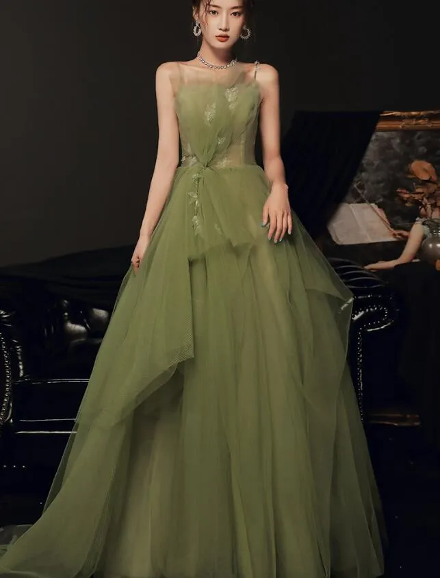 Light Green Tulle A-line Straps Formal Gown 2022, Green Evening Party Dresses