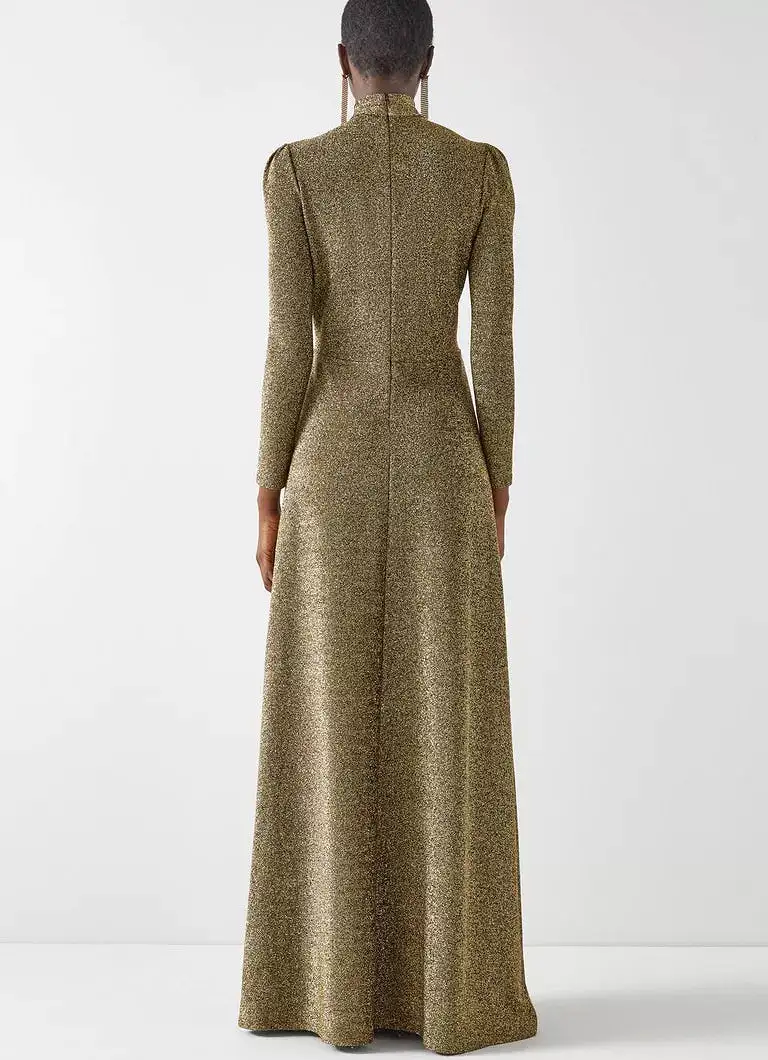 LK Bennett Wilma Gold Metallic Slit-Front Maxi Dress