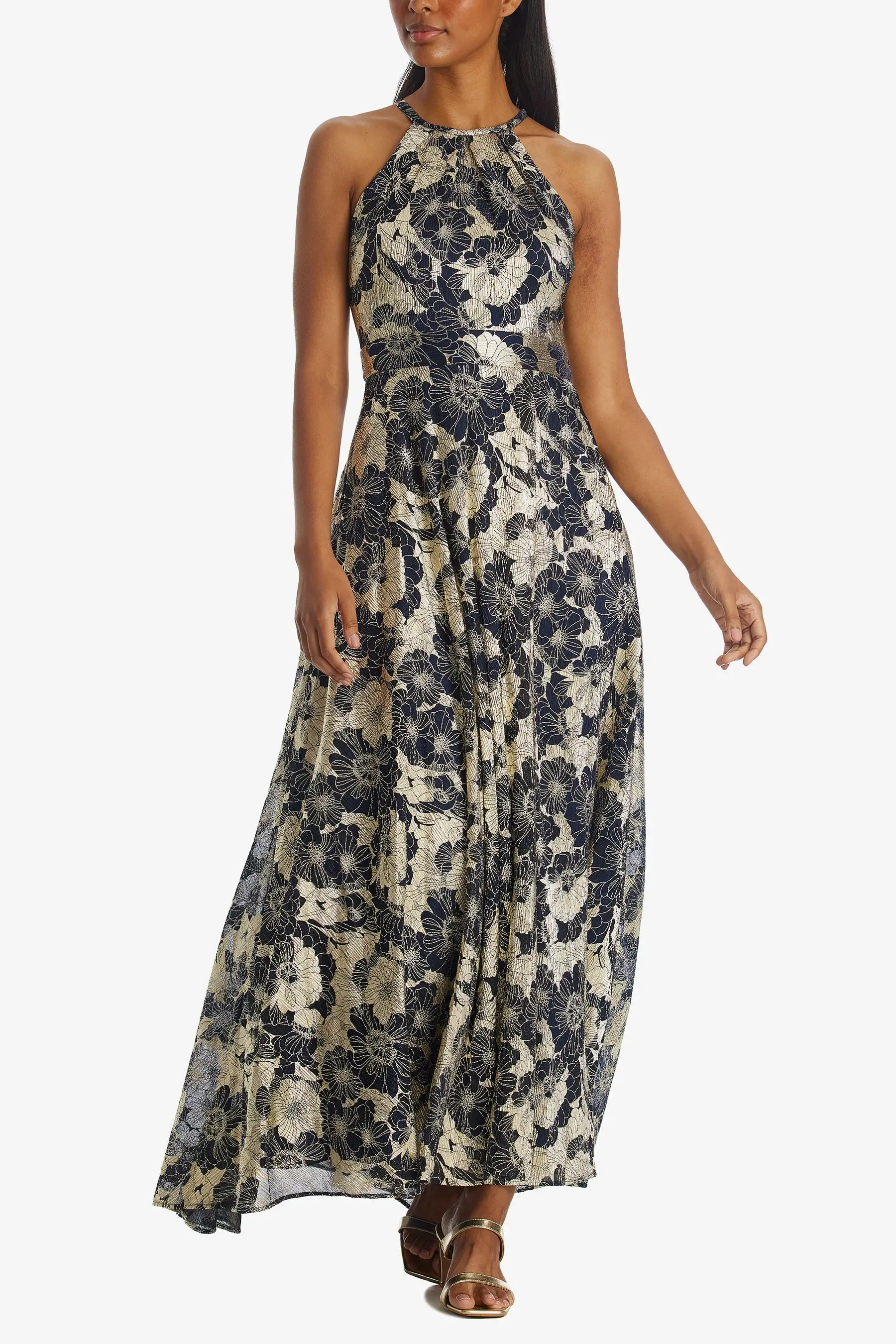 Long Halter Wrap Foil Print Dress