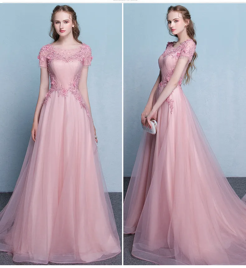 Lovely Pink Tulle Long Flowers and Lace Applique Long Formal Gown, Pink Tulle Party Dress Evening Dress