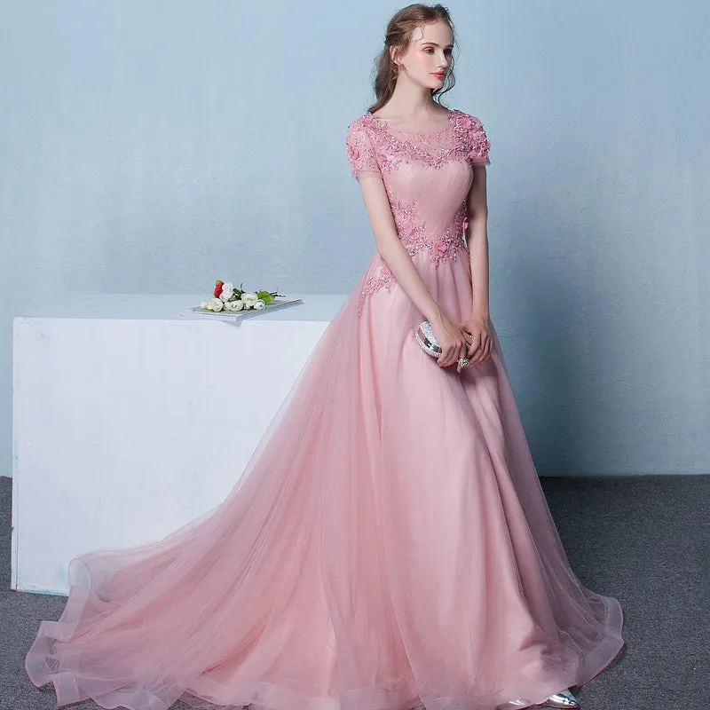 Lovely Pink Tulle Long Flowers and Lace Applique Long Formal Gown, Pink Tulle Party Dress Evening Dress