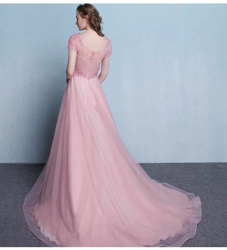 Lovely Pink Tulle Long Flowers and Lace Applique Long Formal Gown, Pink Tulle Party Dress Evening Dress