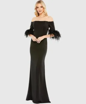 Mac Duggal Feather Trim Off The Shoulder Column Maxi Gown