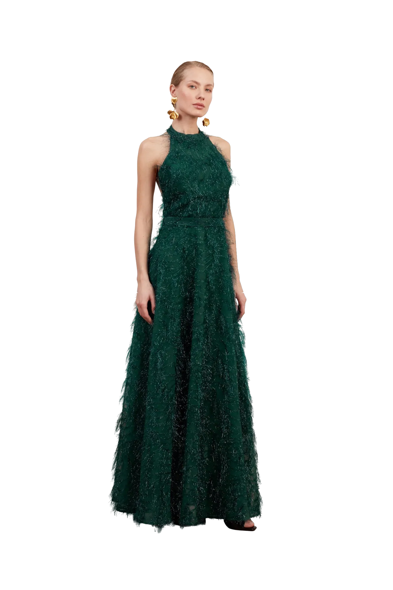 MAISSA green feather long evening gown with open back