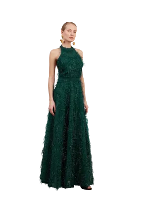 MAISSA green feather long evening gown with open back