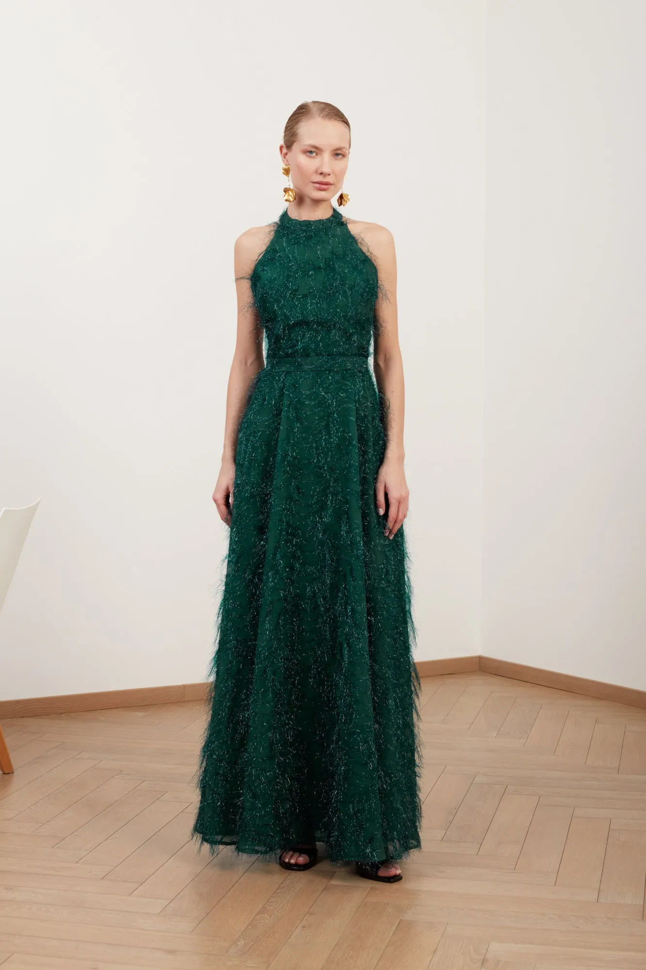 MAISSA green feather long evening gown with open back