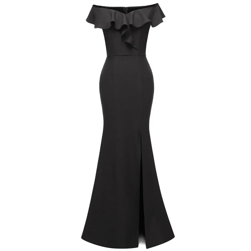 Maxi Long Formal Ruffle Sleeve Off Shoulder Sheath Bodycon Slim Slit Sexy Evening Party Dresses