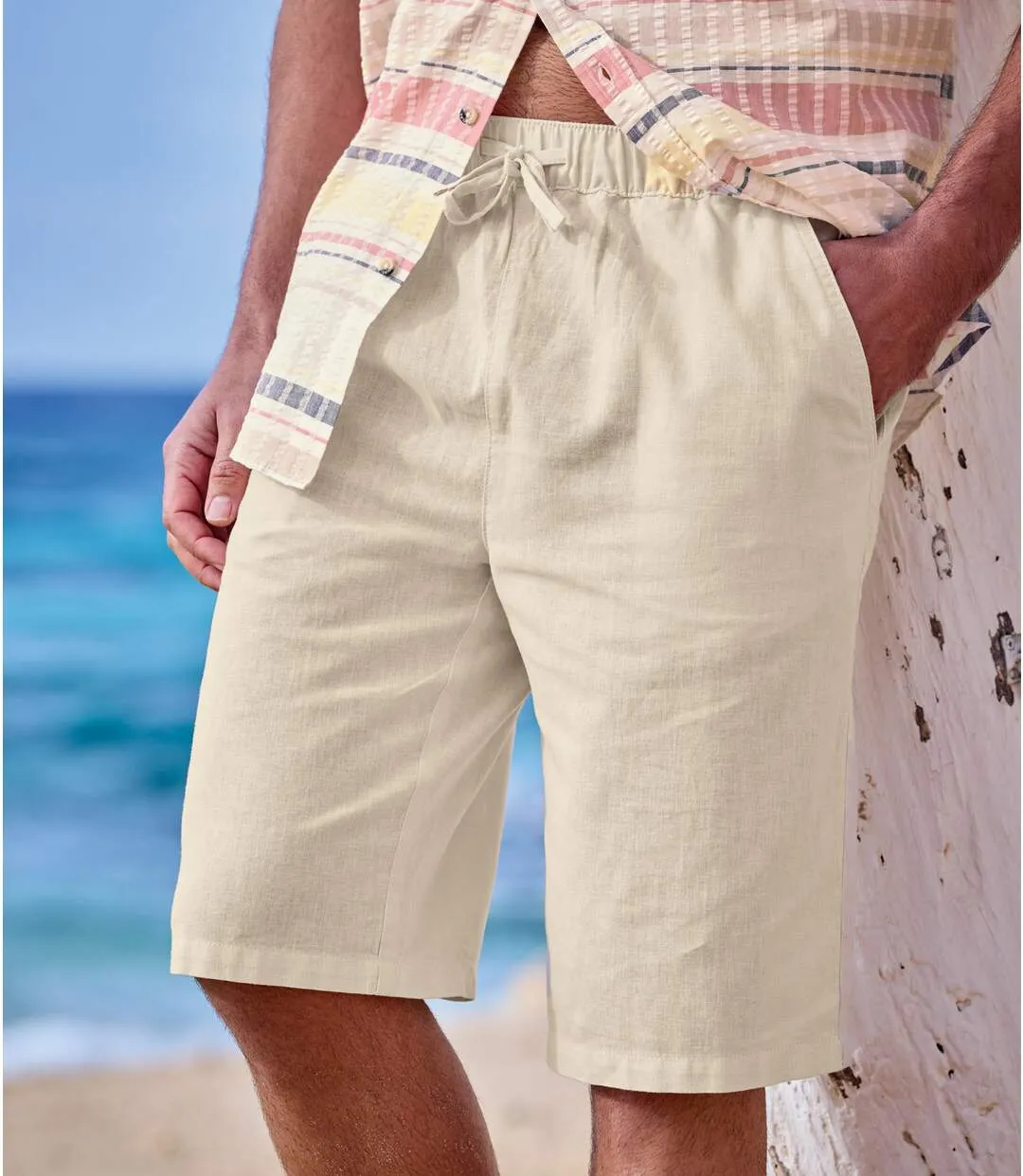 Men's Beige Linen & Cotton Blend Shorts