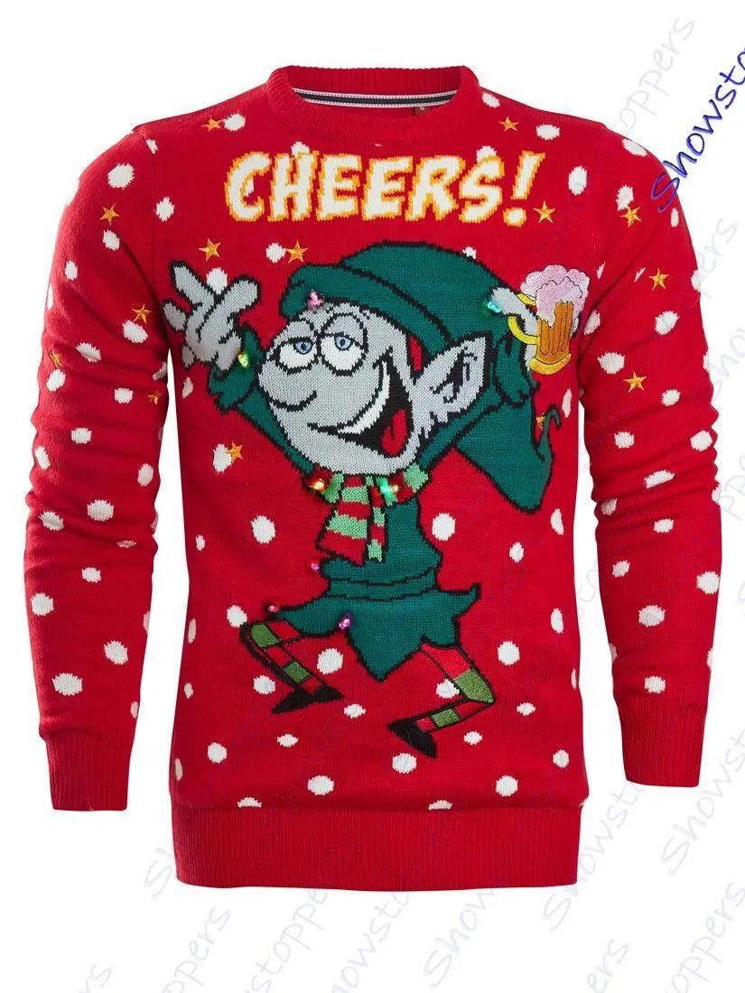 Mens Christmas Jumper LIGHTS Red Elf Xmas Snowman Size S M L XL Green Novelty