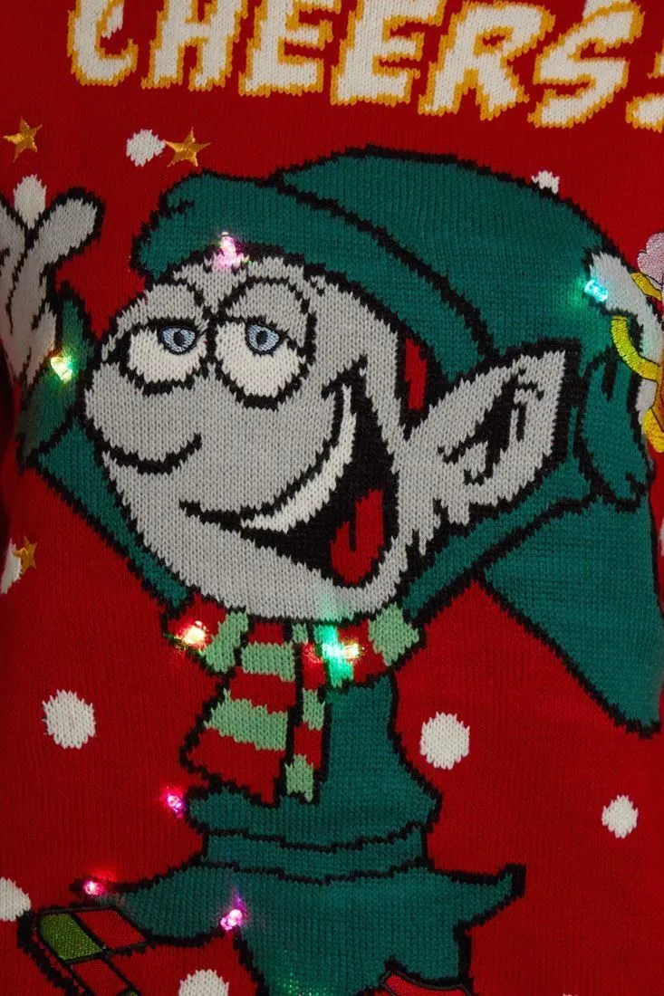 Mens Christmas Jumper LIGHTS Red Elf Xmas Snowman Size S M L XL Green Novelty