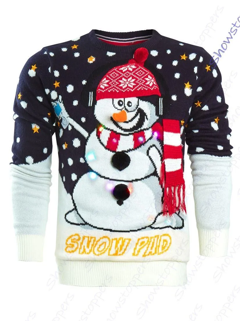 Mens Christmas Jumper LIGHTS Red Elf Xmas Snowman Size S M L XL Green Novelty