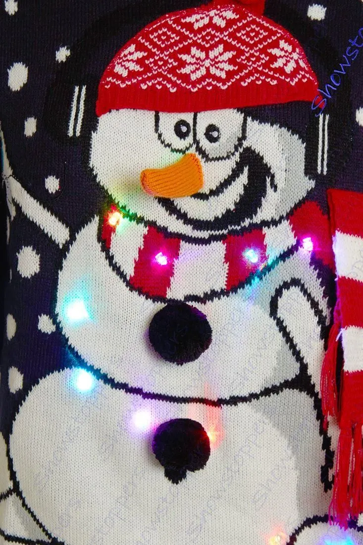 Mens Christmas Jumper LIGHTS Red Elf Xmas Snowman Size S M L XL Green Novelty