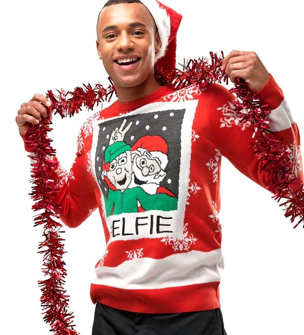 Mens Elfie Christmas Jumper Red Elf Xmas Size XS S M L XL Fun Novelty