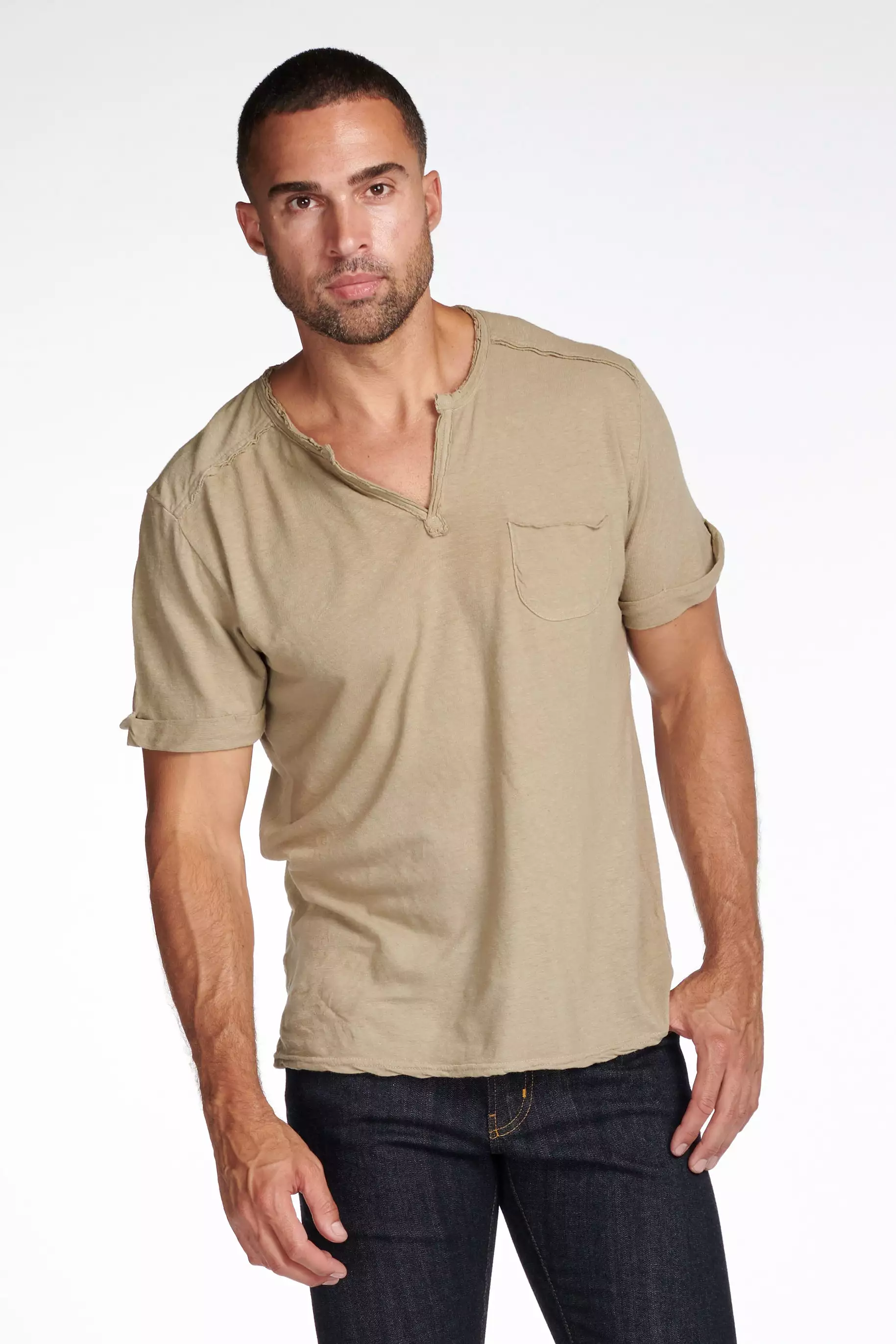 Men's Linen Blend Raw Edge Split V-Neck Tee